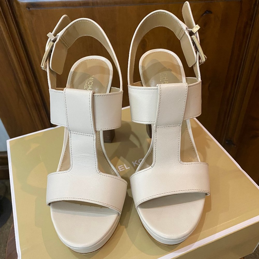 Michael Kors Becker T-Strap High- Heel Sandal Light Cream Size 7M